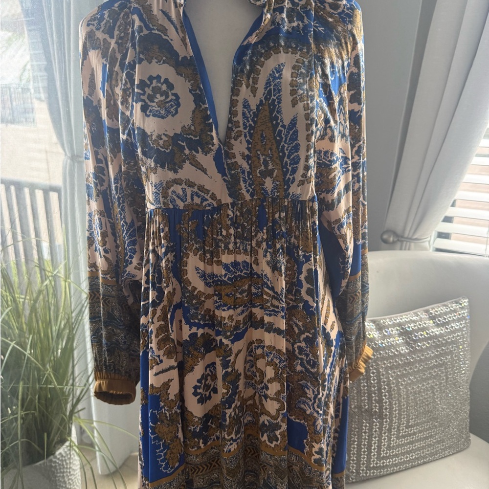 Free People Blue and Brown Paisley Long Sleeve Dress